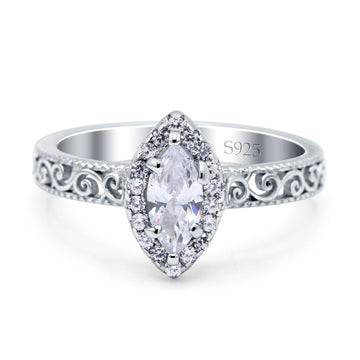 Halo Art Deco Bridal Wedding Engagement Ring Marquise Simulated Cubic Zirconia 925 Sterling Silver
